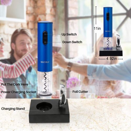  [아마존베스트]Secura Electric Wine Opener, Automatic Electric Wine Bottle Corkscrew Opener with Foil Cutter, Rechargeable (Blue)
