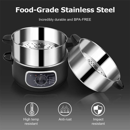  [아마존베스트]Secura 2 Stainless Steel Food Steamer 8.5 Qt Electric Glass Lid Vegetable Steamer Double Tiered Stackable Baskets with Timer