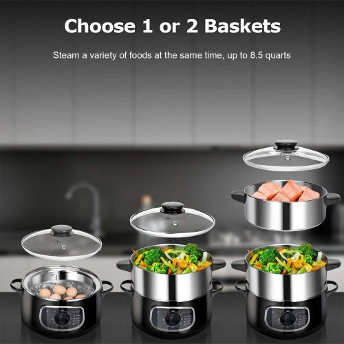  [아마존베스트]Secura 2 Stainless Steel Food Steamer 8.5 Qt Electric Glass Lid Vegetable Steamer Double Tiered Stackable Baskets with Timer