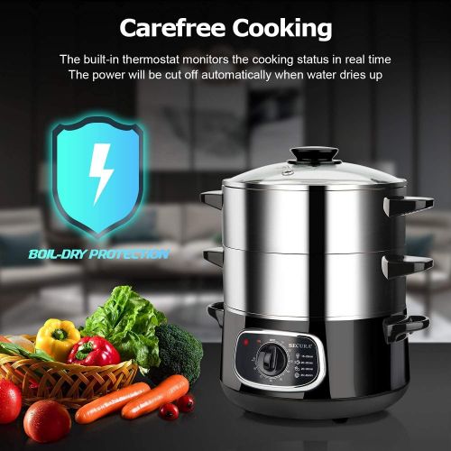  [아마존베스트]Secura 2 Stainless Steel Food Steamer 8.5 Qt Electric Glass Lid Vegetable Steamer Double Tiered Stackable Baskets with Timer