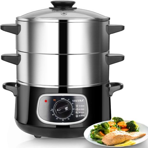  [아마존베스트]Secura 2 Stainless Steel Food Steamer 8.5 Qt Electric Glass Lid Vegetable Steamer Double Tiered Stackable Baskets with Timer