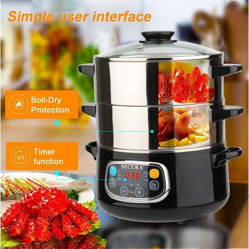  [아마존베스트]Secura Electric Food Steamer, Vegetable Double Tiered Stackable Baskets with Timer 1200W Fast Heating Stainless Steel Digital Steamer 8.5 Quart