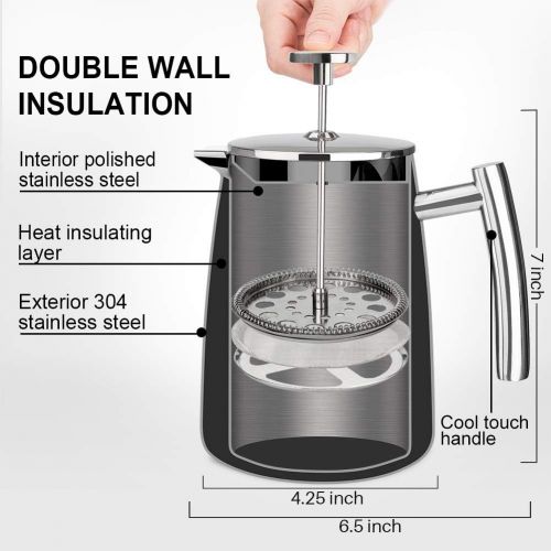  Secura French Press Coffee Maker, 17-Ounce, 18/10 Stainless Steel Insulated Coffee Press with Extra Screen