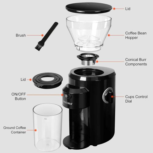  Secura Conical Burr Coffee Grinder, Electric Coffee Grinder with 18 Grind Settings, Adjustable Burr Mill Coffee Bean Grinder for 2-10 Cups