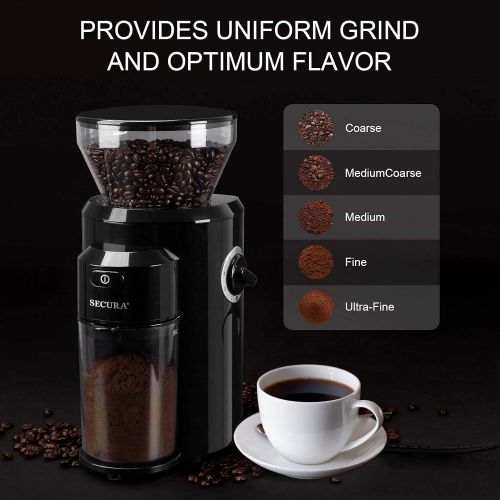  Secura Conical Burr Coffee Grinder, Electric Coffee Grinder with 18 Grind Settings, Adjustable Burr Mill Coffee Bean Grinder for 2-10 Cups