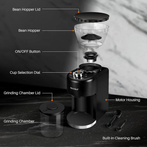  Secura Conical Burr Coffee Grinder, Adjustable Burr Mill with 35 Grind Settings, Electric Coffee Bean Grinder for 2-12 Cups