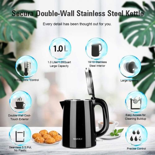  Secura Stainless Steel Double Wall Electric Kettle Water Heater for Tea Coffee w/Auto Shut-Off and Boil-Dry Protection, 1.0L (Black)