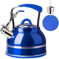 Secura Whistling Tea Kettle, 2.3 Qt Tea Pot, Stainless Steel Hot Water Kettle for Stovetops with Silicone Handle, Tea Infuser, Silicone Trivets Mat, Blue