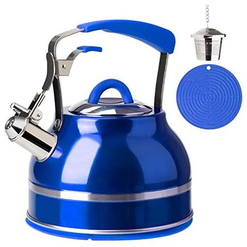  Secura Whistling Tea Kettle, 2.3 Qt Tea Pot, Stainless Steel Hot Water Kettle for Stovetops with Silicone Handle, Tea Infuser, Silicone Trivets Mat, Blue