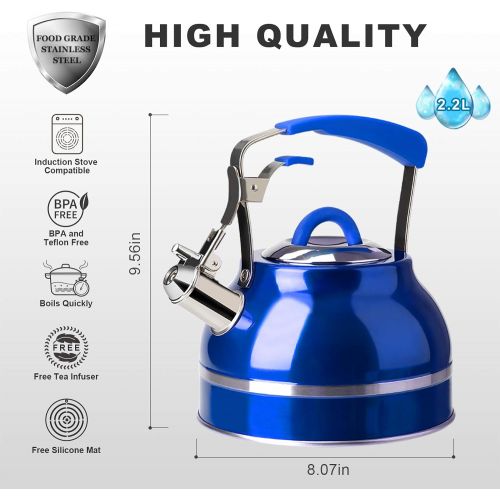  Secura Whistling Tea Kettle, 2.3 Qt Tea Pot, Stainless Steel Hot Water Kettle for Stovetops with Silicone Handle, Tea Infuser, Silicone Trivets Mat, Blue