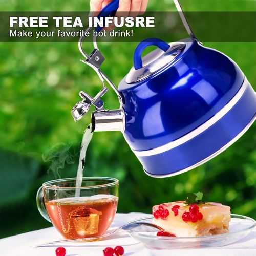  Secura Whistling Tea Kettle, 2.3 Qt Tea Pot, Stainless Steel Hot Water Kettle for Stovetops with Silicone Handle, Tea Infuser, Silicone Trivets Mat, Blue