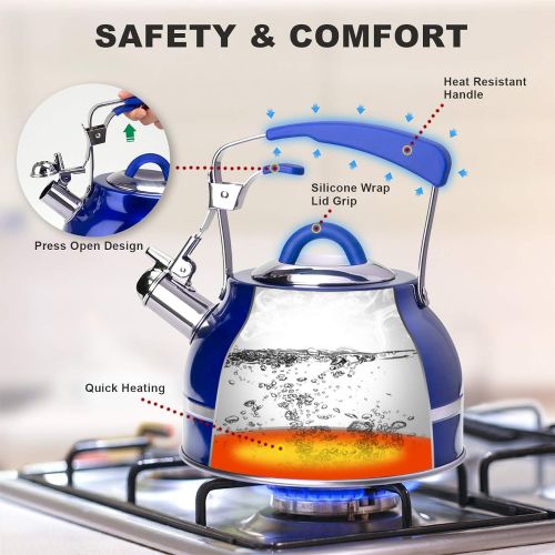  Secura Whistling Tea Kettle, 2.3 Qt Tea Pot, Stainless Steel Hot Water Kettle for Stovetops with Silicone Handle, Tea Infuser, Silicone Trivets Mat, Blue