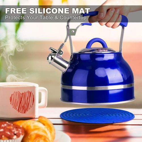  Secura Whistling Tea Kettle, 2.3 Qt Tea Pot, Stainless Steel Hot Water Kettle for Stovetops with Silicone Handle, Tea Infuser, Silicone Trivets Mat, Blue