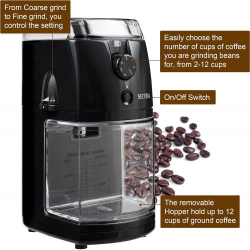  [아마존베스트]Secura Electric Burr Coffee Grinder Mill, Adjustable Cup Size, 17 Fine to Coarse Grind Size Settings for Drip, Percolator, French Press and Turkish Coffee Makers, Black