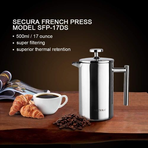  [아마존베스트]Secura French Press Coffee Maker, 304 Grade Stainless Steel Insulated Coffee Press with 2 Extra Screens, 17oz (0.5 Litre), Silver