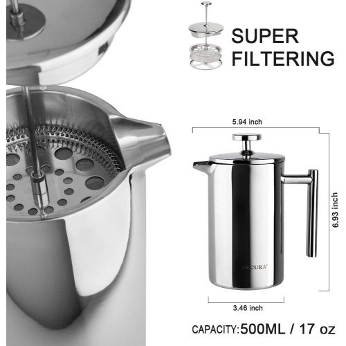  [아마존베스트]Secura French Press Coffee Maker, 304 Grade Stainless Steel Insulated Coffee Press with 2 Extra Screens, 17oz (0.5 Litre), Silver