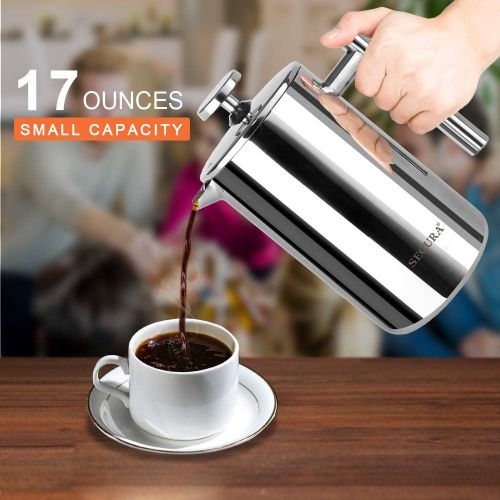  [아마존베스트]Secura French Press Coffee Maker, 304 Grade Stainless Steel Insulated Coffee Press with 2 Extra Screens, 17oz (0.5 Litre), Silver