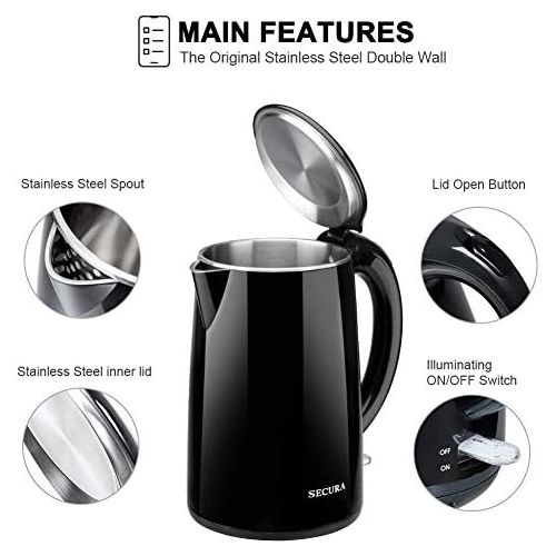  [아마존베스트]Secura SWK-1701DB The Original Stainless Steel Double Wall Electric Water Kettle 1.8 Quart, Black Onyx