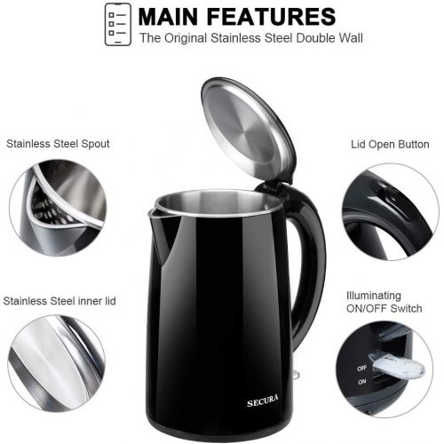  [아마존베스트]Secura SWK-1701DB The Original Stainless Steel Double Wall Electric Water Kettle 1.8 Quart, Black Onyx