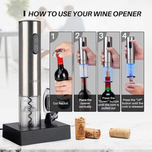  [아마존베스트]Secura Electric Wine Opener, Automatic Electric Wine Bottle Corkscrew Opener with Foil Cutter, Rechargeable (Stainless Steel)