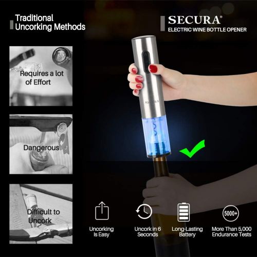  [아마존베스트]Secura Electric Wine Opener, Automatic Electric Wine Bottle Corkscrew Opener with Foil Cutter, Rechargeable (Stainless Steel)