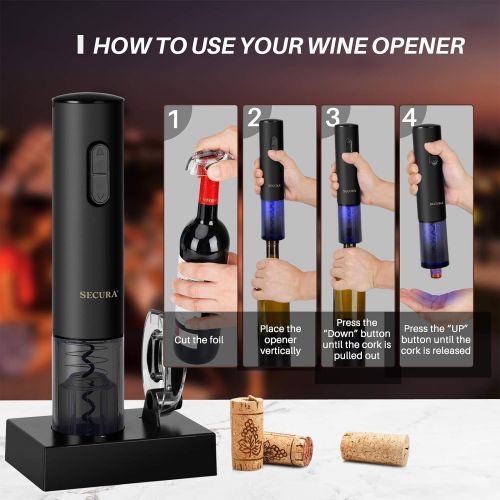  [아마존베스트]Secura Electric Wine Opener, Automatic Electric Wine Bottle Corkscrew Opener with Foil Cutter, Rechargeable (Black)