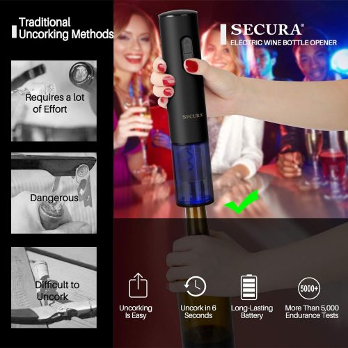  [아마존베스트]Secura Electric Wine Opener, Automatic Electric Wine Bottle Corkscrew Opener with Foil Cutter, Rechargeable (Black)