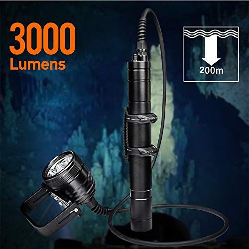  SecurityIng 3000LM Primary Canister Dive Light, 3X Cree XM-L2 LED Scuba Diving Flashlight Underwater 492Ft Torch for Professional Diving/Cave Diving/Underwater Photography(Batterie