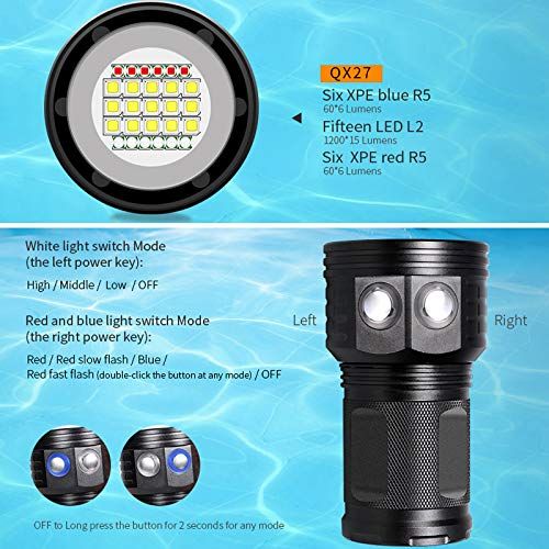  SecurityIng 18000LM 7 Modes 80m Scuba Diving Underwater Flashlight, Wide Beam Angle Waterproof 15x White + 6X Red + 6X Blue Fill Light Dive Photography Video Torch (Battery Not Inc