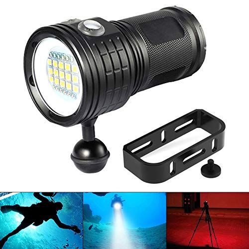  SecurityIng 18000LM 7 Modes 80M Scuba Diving Flashlight, Wide Beam Angle Waterproof 15x White + 6X Red + 6X Blue Fill Light Dive Photography Video Torch with Ball Joint -Battery No