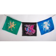 /SedaSilks Handpainted Silk Mythical Creature Prayer Flags in Blue, Black and Green