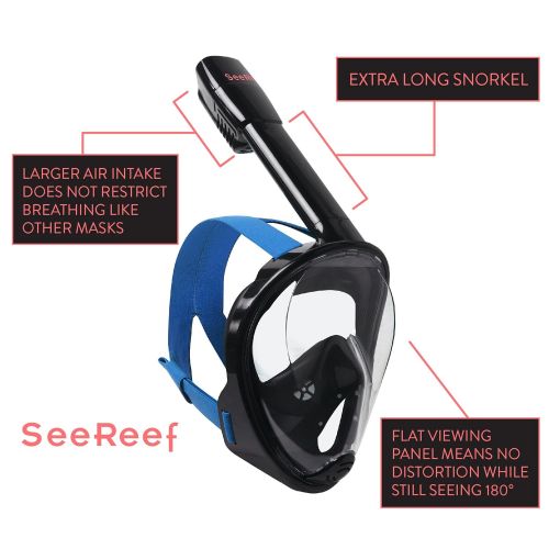  SeeReef Snorkel SeeReef Full Face Snorkel - Snorkeling Mask Set New Design With Hard Carry Case - See 180 Degrees Underwater with New 4 Valve Anti Fog Technology Breathe Easy