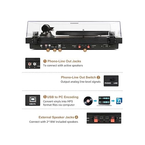  Vinyl Record Player Turntable with Speakers (36W) Wireless Bookshelf HiFi Stereo System Support USB Recording Magnetic Cartridge Built-in Phono Preamp Adjustable Counterweight Belt Drive Vintage Black