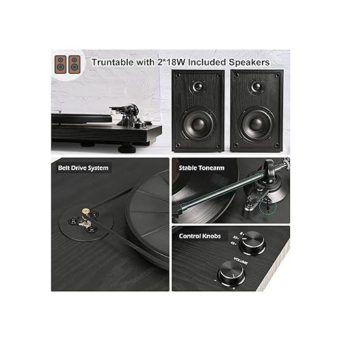  Vinyl Record Player Turntable with Speakers (36W) Wireless Bookshelf HiFi Stereo System Support USB Recording Magnetic Cartridge Built-in Phono Preamp Adjustable Counterweight Belt Drive Vintage Black