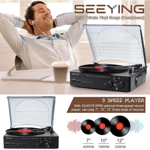  SeeYing Record Player with Speakers Bluetooth Turntable with FM Stereo Radio Belt-Driven Vinyl Record Player 3-Speed Vintage Portable LP Phonograph Player