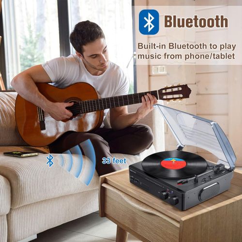  SeeYing Record Player with Speakers Bluetooth Turntable with FM Stereo Radio Belt-Driven Vinyl Record Player 3-Speed Vintage Portable LP Phonograph Player