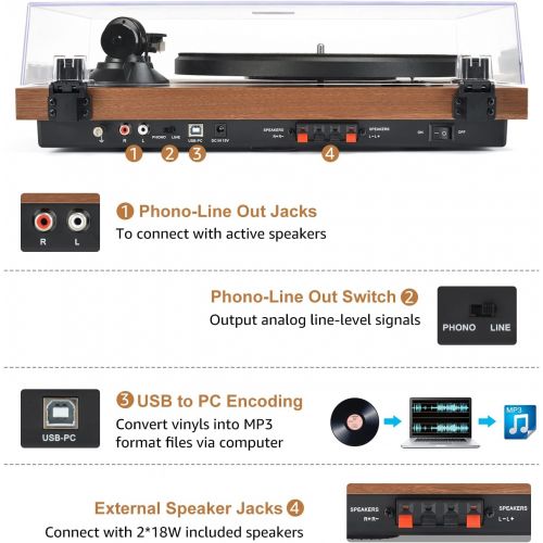  SeeYing Record Player Vinyl Bluetooth Turntable with 36 Watt Stereo Bookshelf Speakers, Vintage Hi-Fi System with Magnetic Cartridge, Built-in Phono Preamp USB Recording RCA Output Adjusta