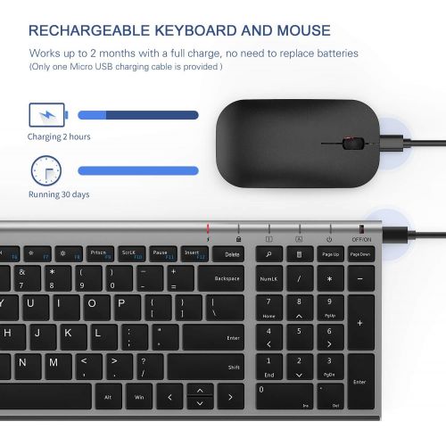  [아마존베스트]Wireless Keyboard and Mouse Combo, Seenda Ultra Thin Rechargeable Low Profile Keyboard and Mouse Set with Number Pad for Windows-Space Gray