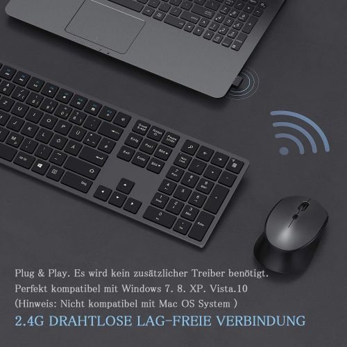  [아마존베스트]seenda Wireless Keyboard Mouse Set with Mouse, 2.4G Ultraslim Wireless Keyboard with Numeric Keypad Compatible with PC, Laptop, and Smart TV, German QWERTZ Layout, Space Grey