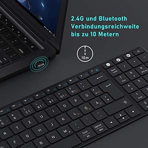  [아마존베스트]Wireless Bluetooth Keyboard, Seenda Wireless Keyboard Compatible with Mac OS, 3 Channels (2.4G + BT4.0 + BT4.0) Rechargeable, QWERTZ German Layout for Tablet/Windows/Android/Micros