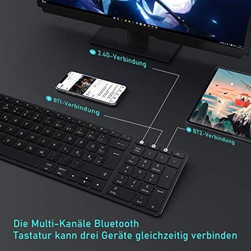  [아마존베스트]Wireless Bluetooth Keyboard, Seenda Wireless Keyboard Compatible with Mac OS, 3 Channels (2.4G + BT4.0 + BT4.0) Rechargeable, QWERTZ German Layout for Tablet/Windows/Android/Micros