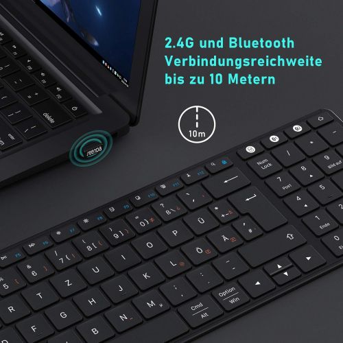  [아마존베스트]Wireless Bluetooth Keyboard, Seenda Wireless Keyboard Compatible with Mac OS, 3 Channels (2.4G + BT4.0 + BT4.0) Rechargeable, QWERTZ German Layout for Tablet/Windows/Android/Micros