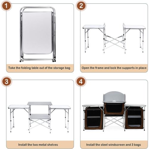  Seeutek Camping Kitchen Table Aluminum Portable Outdoor Cooking Table Foldable Camp Table with Windscreen and 3 Storage Cupboards Multifunctional for BBQ, Party, Picnics and Outdoo