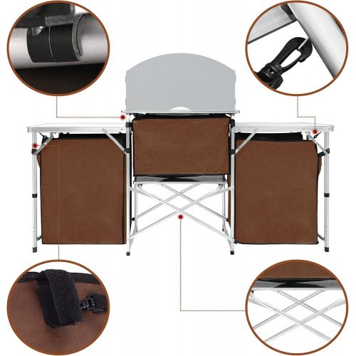  Seeutek Camping Kitchen Table Aluminum Portable Outdoor Cooking Table Foldable Camp Table with Windscreen and 3 Storage Cupboards Multifunctional for BBQ, Party, Picnics and Outdoo