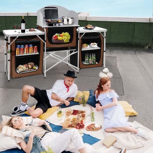  Seeutek Camping Kitchen Table Aluminum Portable Outdoor Cooking Table Foldable Camp Table with Windscreen and 3 Storage Cupboards Multifunctional for BBQ, Party, Picnics and Outdoo