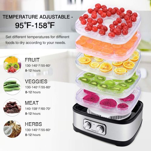  [아마존베스트]Seeutek Food Dehydrator Machine for Beef Jerky, Fruits, Vegetables Electric Dryer Machine with 5 BPA-free Trays, Adjustable Temperature Control, Recipe Book & 4PCS Reusable Storage