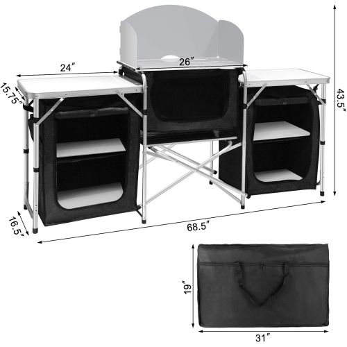  Seeutek Camping Kitchen Table Aluminum Portable Outdoor Cooking Table Foldable Camp Table with Windscreen and 3 Storage Cupboards Multifunctional for BBQ, Party, Picnics and Outdoo