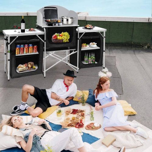  Seeutek Camping Kitchen Table Aluminum Portable Outdoor Cooking Table Foldable Camp Table with Windscreen and 3 Storage Cupboards Multifunctional for BBQ, Party, Picnics and Outdoo