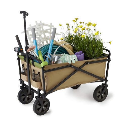  Seina Manual 150 Pound Capacity Folding Steel Wagon Outdoor Garden Cart, Tan