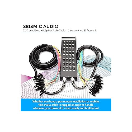  Seismic Audio - New 32 Channel XLR Send Splitter Snake Cable with Box - Two Trunks 15' and 30' Fantails - Pro Audio Stage, Studio, Road Split Y Extension Cables